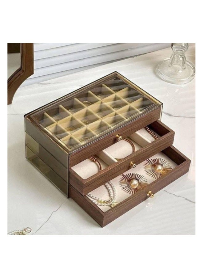 صندوق تخزين مجوهرات فاخر وواسع بثلاثة أدراج مع أدوات ذهبية - هيكل أنيق من خشب الخوخ البني العميق، قابل للتكديس مع أدراج متعددة، وأدراج مبطنة بمقلمة ناعمة، ورف عرض علوي للقلائد والأقراط والأساور - Image 1